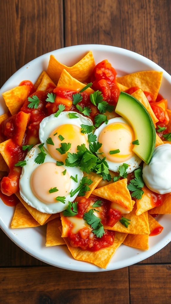 A colorful plate of chilaquiles with cheese, eggs, and avocado, garnished with cilantro and sour cream.